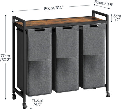 HOOBRO Laundry Sorter 3 Section, Laundry Hamper with Wheels, 3 × 11.5 Gal (43.4L), Rolling Laundry Basket, Pull-Out and Removable Oxford Fabric Laundry Bags, Rustic Brown and Grey BFG76XY01