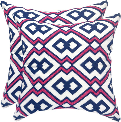 Alysheer Embroidered Decorative Throw Pillow Cover 18"x 18" Set of 2, Classic Boho Geometric Embroidery Pattern Cotton Rectangular Cushion Case for Sofa Couch Living Room Bedroom (Blue Pink)