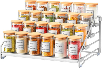 RCHYFEED 4 Tier Spice Rack Organizer, Spice Organization for Cabinet,Pantry, Countertop,Tiered Spice Rack Easy Visibility,Depth Expandable Seasoning Shelf for Kitchen Cabinet Organizer,Silver