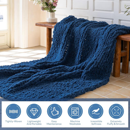 Chunky Knit Blanket - Luxury Soft Cozy 60 * 80 Throw Blanket,100% Woven Blanket Rope Knot Throw Blanket for Couch, Sofa, Home Decor, Gift - Machine Washable（Deep Blue）
