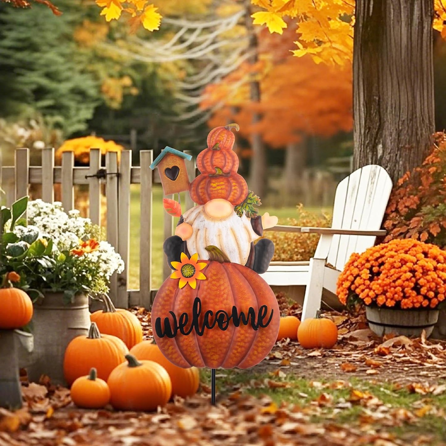 TERESA'S COLLECTIONS Fall Gnome Pumpkin Decorations for Outdoor Home, Metal Fall Decor Welcome Signs Stakes, Orange Autumn Yard Decor for Thanksgiving, Harvest Garden Patio Gift for Mom 25"