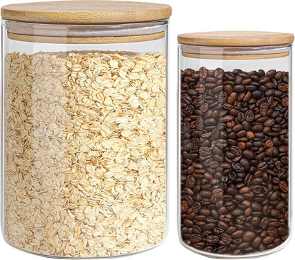 Glass Storage Jars Set Elegant Containers with Airtight Bamboo Lids, Perfect for Kitchen Organization - Flour, Rice, Pasta, Sugar, Coffee Beans, Accessories Included (2 packs(37oz / 110oz))