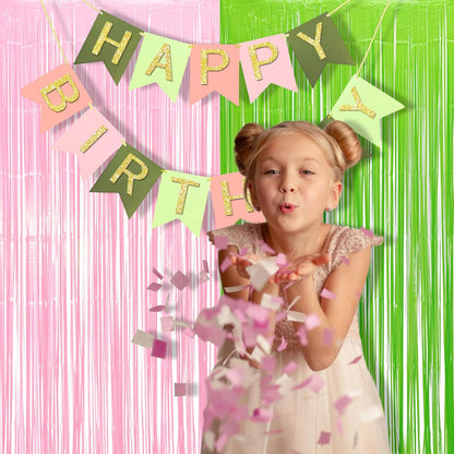 BRAVESHINE Party Streamers Backdrop - 2 Pack 3.2ft X 8.2ft Tinsel Foil Fringe Curtains for Halloween/Boo/Fairy/Girl Birthdays/Wizard/Baby Shower/Photos Booths/Pink and Green Party Decorations