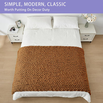 Bigacogo Chunky Knit Throw Blanket for Couch, 40x80 inches, 100% Hand Knitted with Thick Jumbo Chenille Yarn, Cozy Soft Large Rope Knot Cable Crochet Blankets for Sofa Bed Living Room, Caramel