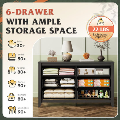 WLIVE Black Dresser for Bedroom, 6 Drawer Wood Dresser with Metal Handle, Large Double Wooden Chest of Drawers for Living Room, Hallway, Closet