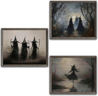 LANCHI95 3 Pcs 8x10in Vintage Rustic Witch Posters Halloween Wall Art Witch in The Forest Painting Prints Goth Dark Moody Wall Decor for Living Room Bedroom 8x10 in (UNFRAMED)