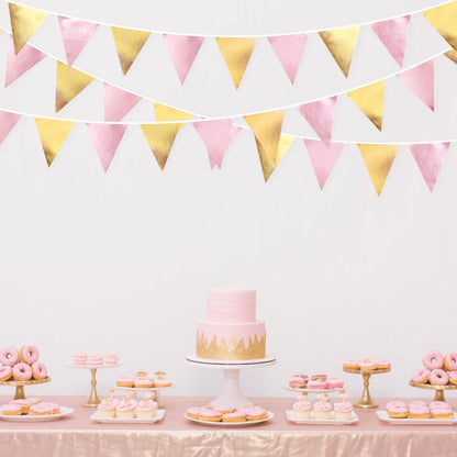 Pink Gold Party Decoration Metallic Fabric Light Pink Gold Triangle Pennant Banner Flag Bunting Garland for Women Girl Birthday Retirement Graduations Bridal Shower Wedding Baby Shower Party Supplies