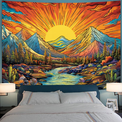 Serborlur Boho Sun Mountain Tapestry Trippy Forest Tree Tapestry Vintage Aesthetic Magic River Tapestries Nature Landscape Wall Hanging for Bedroom Home Decor (70.8" x 92.5")