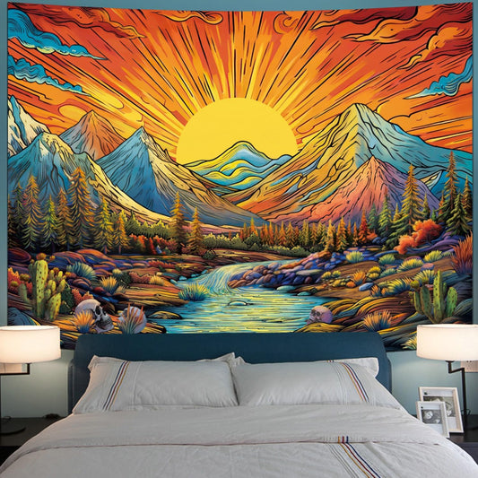 Serborlur Boho Sun Mountain Tapestry Trippy Forest Tree Tapestries Vintage Aesthetic Plant Magical River Wall Tapestry Nature Landscape Wall Hanging for Bedroom Living Room (59.1 × 78.7 inches)