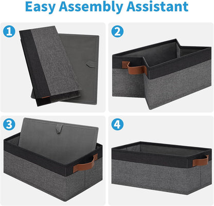 GhvyenntteS Small Fabric Storage Bins 12 Pack, 11.8" x 7.87" x 5.11" Storage Basket with Leather Handles, Closet Storage Bins for Shelves, Storage Baskets for Shelves, DVD Storage (Grey/Black)