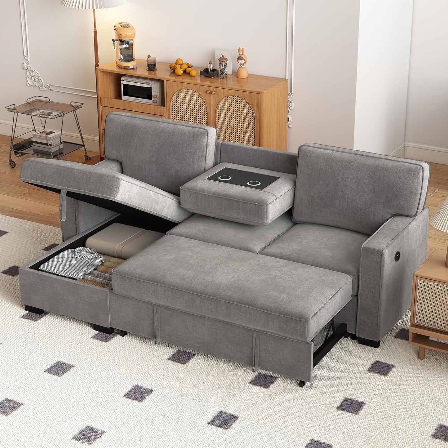 EBELLO Convertible Sleeper Sofa 3 in 1, Chenille Modern L-Shaped Couches for Living Room, Pull Out Sectional Futon Sofa Bed with Storage Space, USB Ports and Cup Holders for Bedroom, Grey