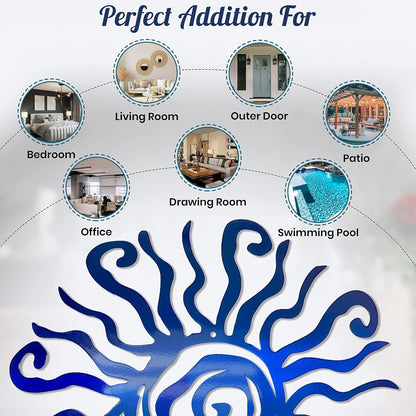 Riverside Designs Wacky Sun Metal Wall Art Indoor/Outdoor Decor - 30" Blue Rust Proof Wall Sculpture - Made in USA - Ideal for Bedroom, Garden, Home, Patio and Farmhouse