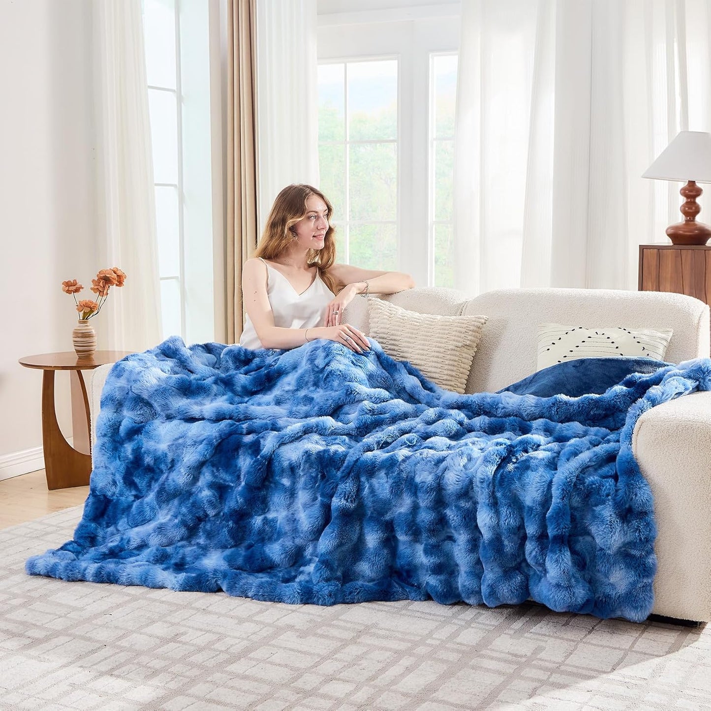 Lotus Karen Faux Fur Throw Blanket Tie-Dye Blue - Big Bubble Rabbit Fluff Blanket for Couch,Small Fluffy Fuzzy Cozy Blanket,Thick Furry Plush Shaggy Blankets,60x80 Inches