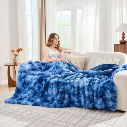 Lotus Karen Faux Fur Throw Blanket Tie-Dye Blue - Big Bubble Rabbit Fluff Blanket for Couch,Small Fluffy Fuzzy Cozy Blanket,Thick Furry Plush Shaggy Blankets,60x80 Inches