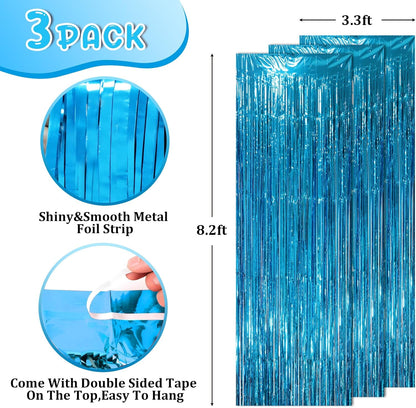 3 Pack 3.3 x 8.2 ft Retro Blue Foil Fringe Backdrop Curtains, Tinsel Streamers Party Decorations, Fringe Backdrop, Door Shimmer for Retro Theme Party
