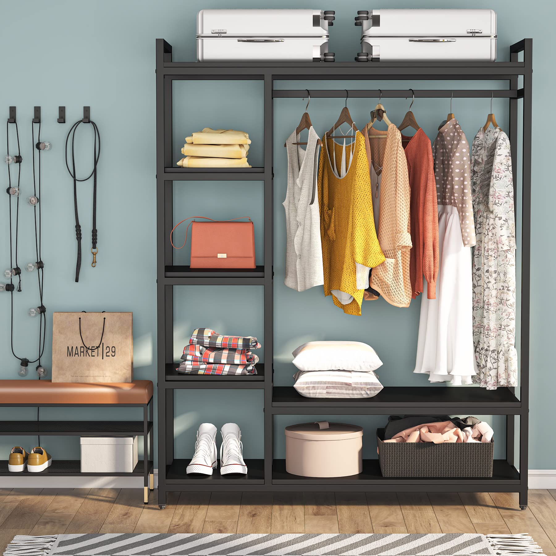 LITTLE TREE Free Standing Wood Closet Clothes Rack,Heavy Duty Grament Rack with Shelves,Hanging