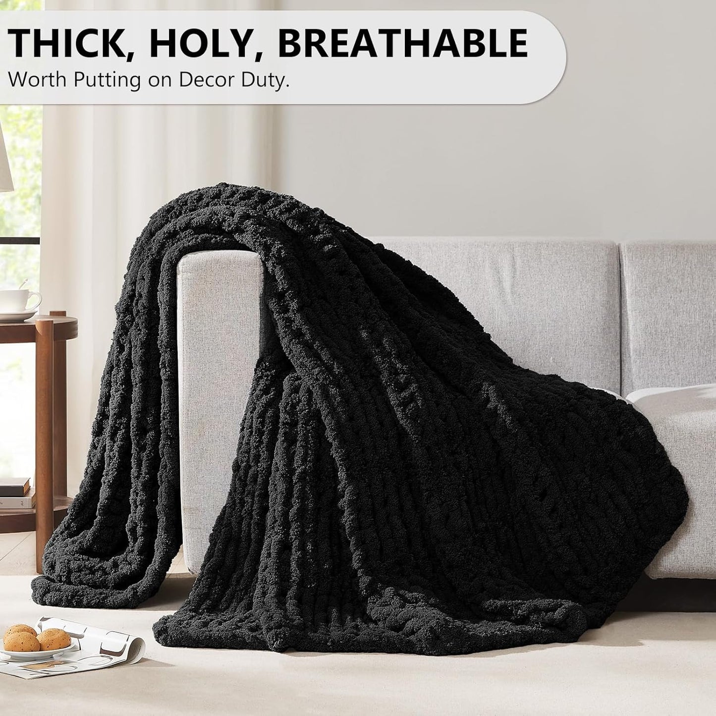L'AGRATY Chunky Knit Blanket Throw: Soft Chenille Yarn Throw Blanket 50x60 - Handmade Thick Cable Crochet Blanket - Large Chunky Rope Throw Blanket for Couch Sofa Bed Home Decor(Black)