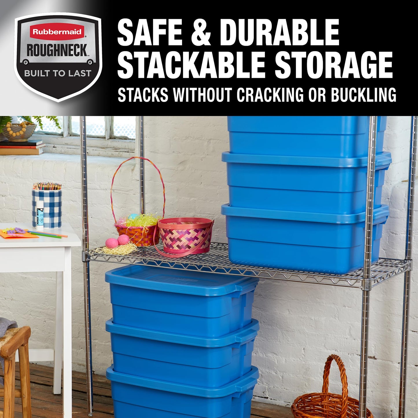 Rubbermaid Roughneck Tote 10 Gal, 6 Pack, Made in USA, Heritage Blue, Rugged Plastic Stackable