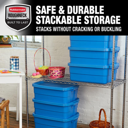 Rubbermaid Roughneck Tote 10 Gal, 6 Pack, Made in USA, Heritage Blue, Rugged Plastic Stackable