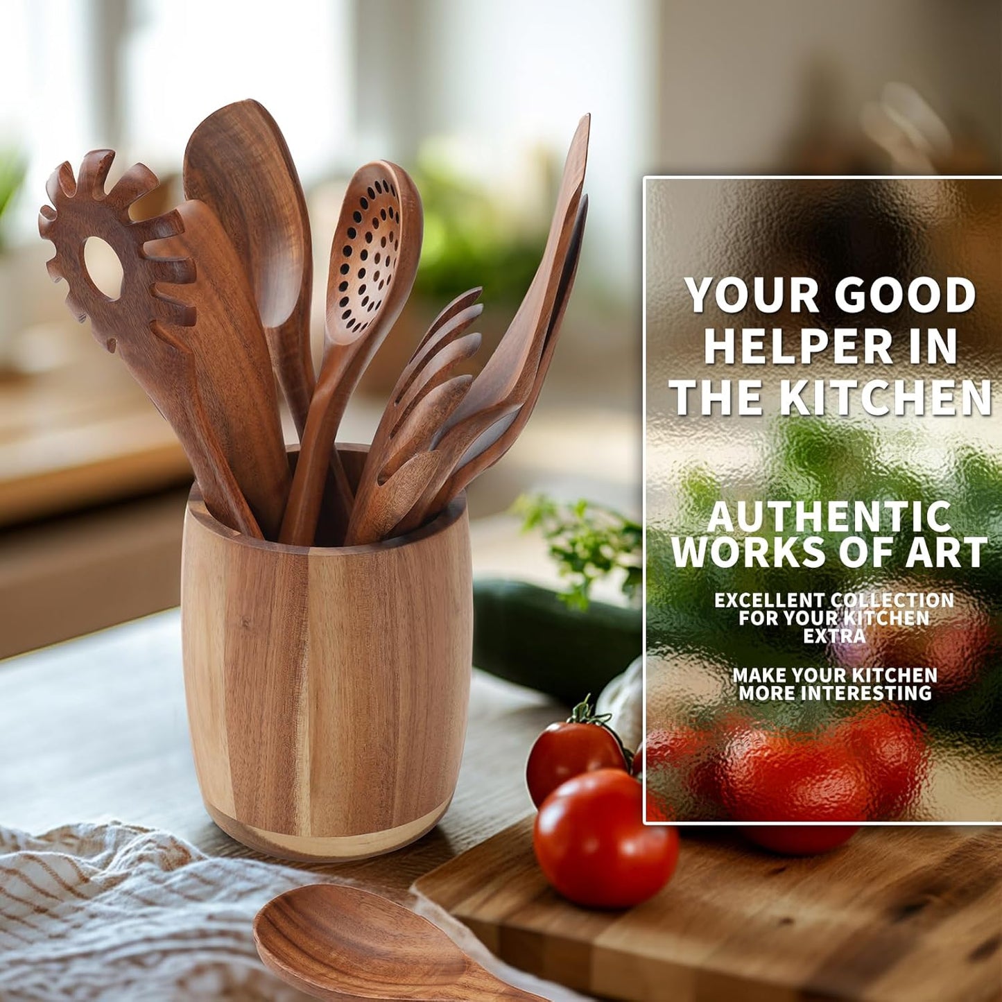 9 PCS Kitchen Utensils Set - Wooden Spoons for Cooking, Natural Teak Wooden Utensils - Includes Wooden Spoons, Spatula Set, Slotted Spoon - Handmade Wooden Spoon Set