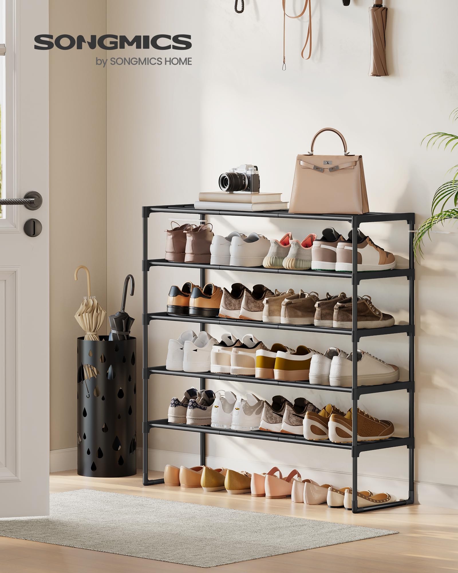 SONGMICS Shoe Rack, 5-Tier Shoe Organizer, Metal Storage Shelf, Upright or Upside Down, for 20-25