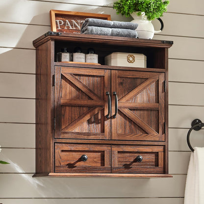 Bathroom Wall Cabinet, Farmhouse Medicine Cabinet, 24" Wide Cabinet with Drawer, Adjustable Shelf, Double Barn Doors, Storage Cabinet for Bathroom, Kitchen, Living Room, Brown