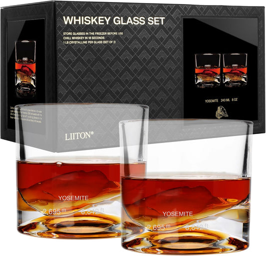 Yosemite Heavy Crystal Whiskey Glasses Gift Set of 2, Thick Freezable Bourbon Glass 1lb Each