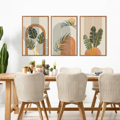 KAIRNE Boho Canvas Wall Art,Tropical Palm Leaf Wall Decor,Mid-Century Geometric Illustrations Set of 3(16”X24”),Abstract Line Pictures,Modern Botanical Prints for Living Room Bedroom Dining Room Decor