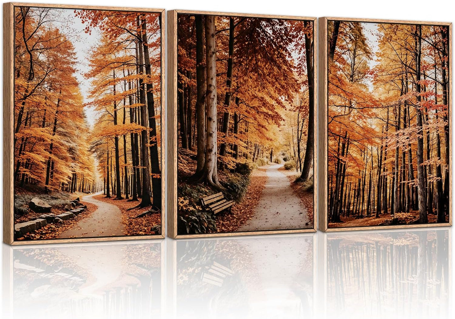 HLNIUC Autumn Forest Framed Canvas Wall Art,Fall Nature Pictures Wall Decor Set of 3(16”x24”) Large Maple Trees Trail Scenery Wall Painting,Modern Fall Landscape Art Print for Living Room,Bedroom