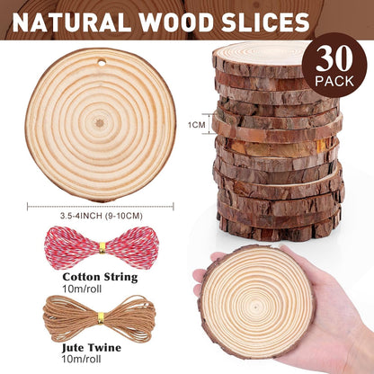 30 Pack Nature Wood Slices for Crafts,3.5-4In Unfinished Natural Wood Rounds.Wood Circles Predrilled with Hole and 20m Rope for Wooden Craft Supplies,Painting,Christmas Ornaments,DIY Gifts