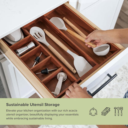 Adjustable Kitchen Drawer Organizer for Utensils and Junk, Food-Safe Contract Grade with 100% Sustainable Wood, Non-Slip, Expandable from 10.5 to 18.5 Inches Wide - Natural Acacia