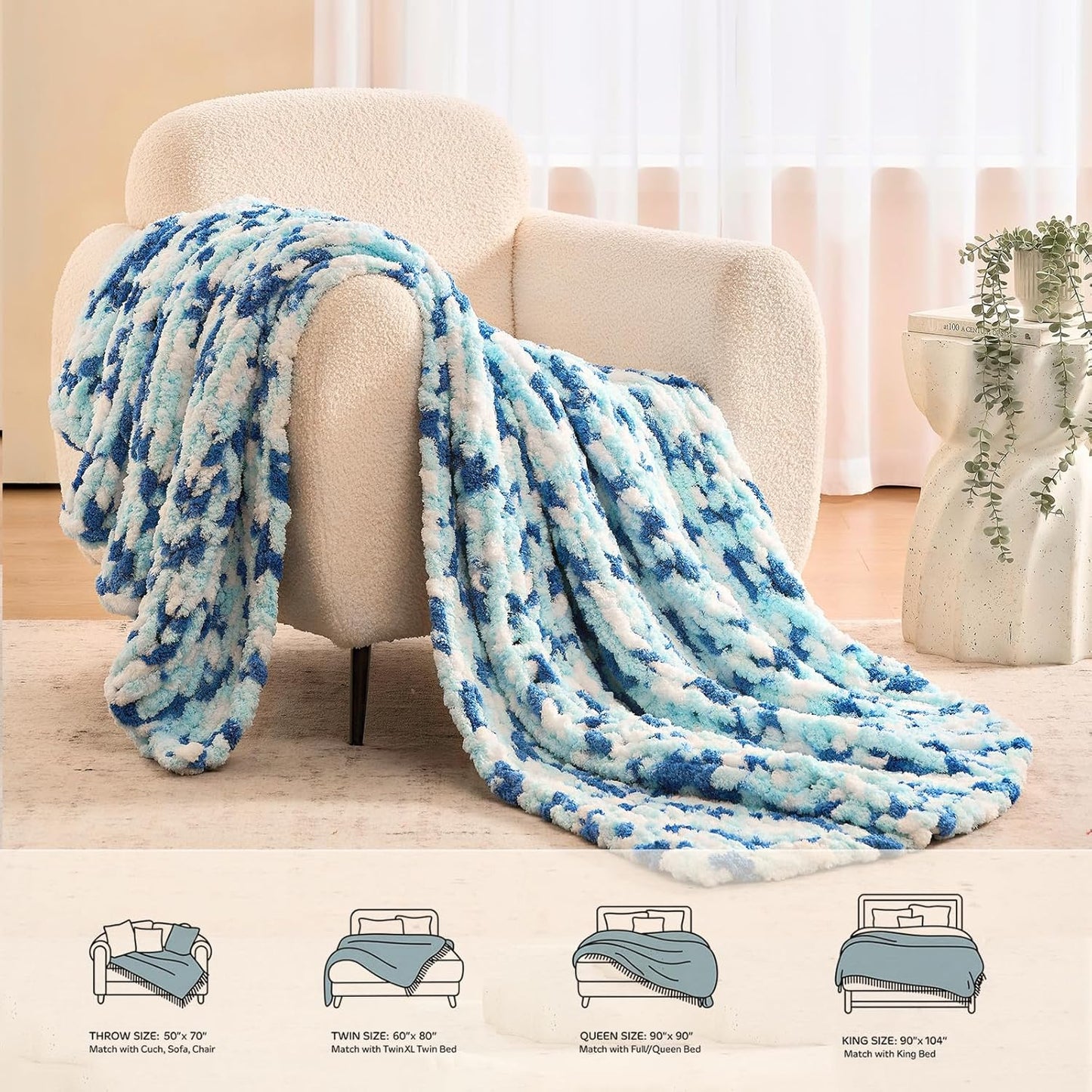 L'AGRATY Chunky Knit Blanket Throw: 50''x60'' Chenille Chunky Knitted Throw Blankets for Bed Couch - Handmade Thick Cable Knit Blanket - Large Crochet Rope Blankets for Home Decor