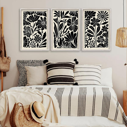 Abstract Floral Botanical Wall Art 16x11 Inch 3 Piece Black Vintage Boho Plant Flower Minimalist Wood Frame Sign Home Living Room Family Office Mid Century Print Wall Hanging Decor (White)