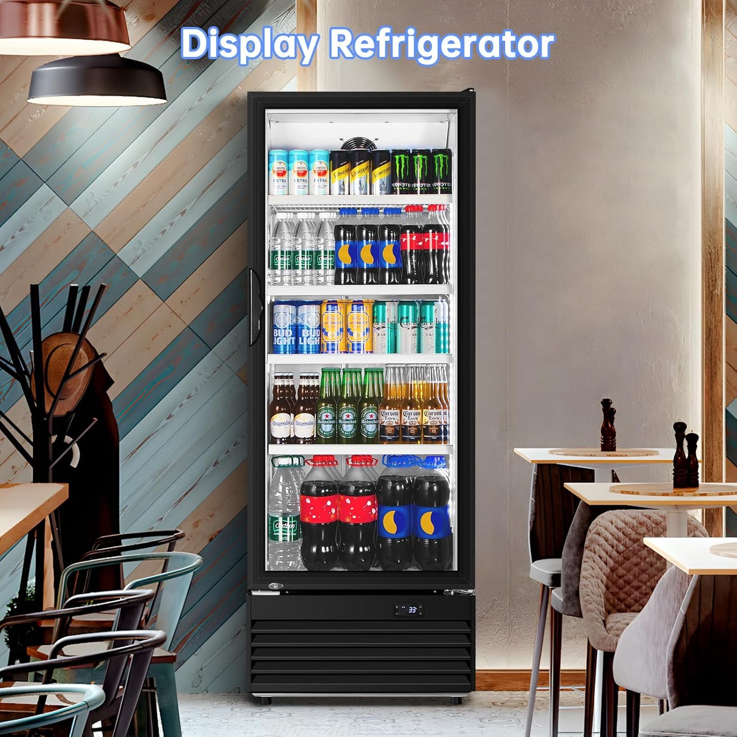Commercial Beverage Refrigerator, 24.5 Inch 15 Cu. Ft. Drink Fridge, Display Refrigerator with Glass Door, Commercial Display Fridge with 4 Adjustable Shelves, for Shops, Restaurants, Bars