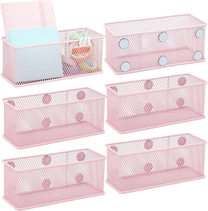 EASEPRES Magnetic Pencil Holder Set of 6 - Wire Mesh Storage Baskets Organizer with Strong Magnets - Perfect for Whiteboard, Refrigerator and Locker Accessories, Pink