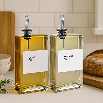 Olive Oil Dispenser Bottle - Includes 44 Kitchen Essential Labels - Cooking Oil Bottles for Kitchen, Coffee Syrup Dispenser - Pourer Spout with 11.8 fl oz Glass Container Cruet - 4pcs Silver