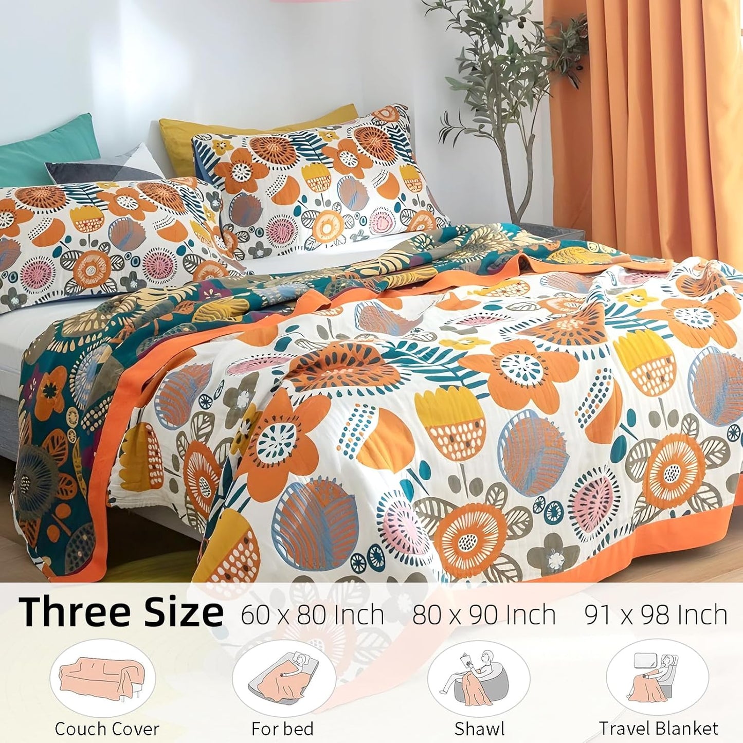 Boho Throw Blanket for Bed - 100% Pure Cotton Ultra Soft Rustic Quilt - Farmhouse Decor Bed Blankets, All Season Rustic Throw for Sofa Couch Chair(60"×80", Floral Print 2)