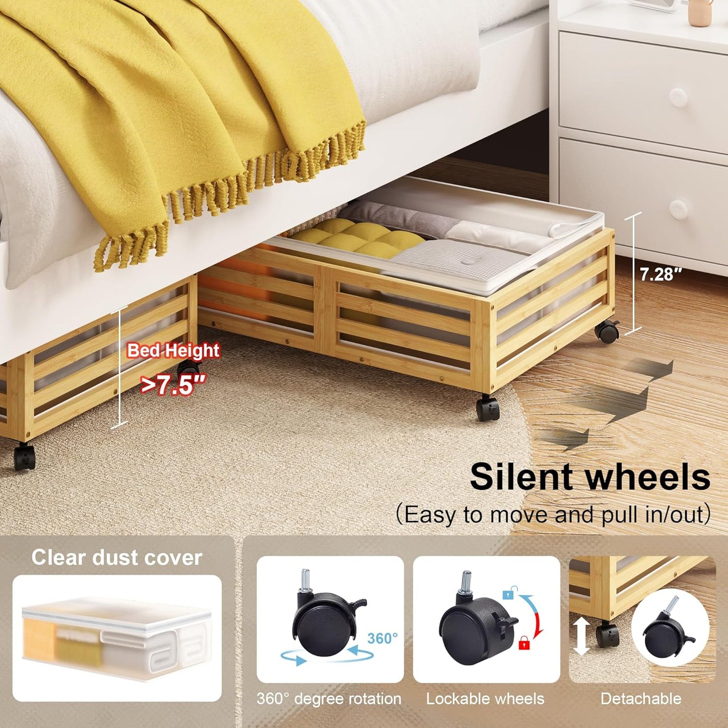 Under Bed Storage Containers With Wheels - 2 Pcs Bamboo Wood Rolling Underbed Shoe Storage Bins With Dust Bags for Clothes Blankets, Duvet Covers Snacks Toys (Natural)