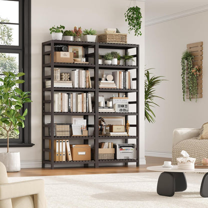 FOTOSOK 6-Tier Bamboo Shelf Set of 2, Bamboo Bookcase with Adjustable Shelves, Free Standing Storage Shelf Unit and Plant Flower Stand, Tall Large Bookshelf for Kitchen, Bathroom, Home Office, Vintage