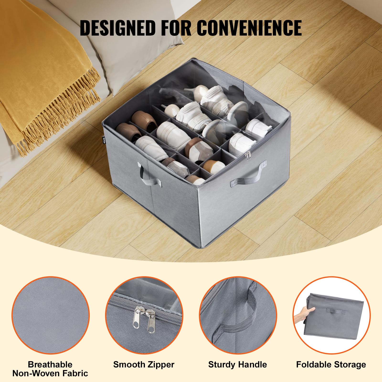 VEVOR Under Bed Shoe Storage Organizer, 1 Pack, 16 Compartments, Underbed Shoe Box Storage