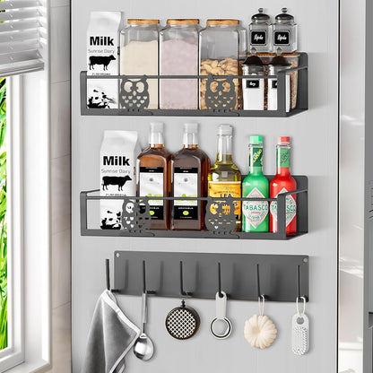 Spice Rack Magnetic for Fridge,Magnetic Fridge Shelf,Spice Shelf,Condiment Organizer,Refrigerator Organizers and Storage with Magnetic Hooks,Owl Kitchen Decor(Gray)
