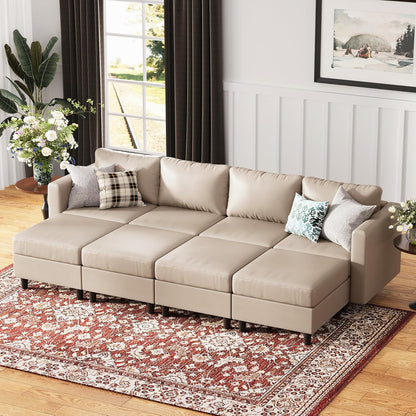 118.5" Luxury Modular Sleeper Sofa Bed with Storage Seat, 8 Seat Sectional Couch Deep Seat with Reversible Chaises & Removable Cover - Whitesand Faux Leather