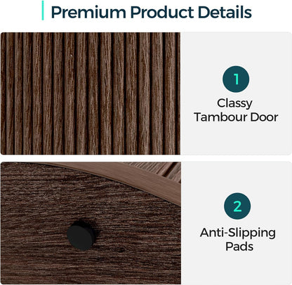 LINSY HOME Round Fluted End Table, Tall Side Table with Sliding Tambour Door and Storage Shelf, Modern Bedside Table, Mid-Century Nightstand for Living Room, Bedroom, Walnut