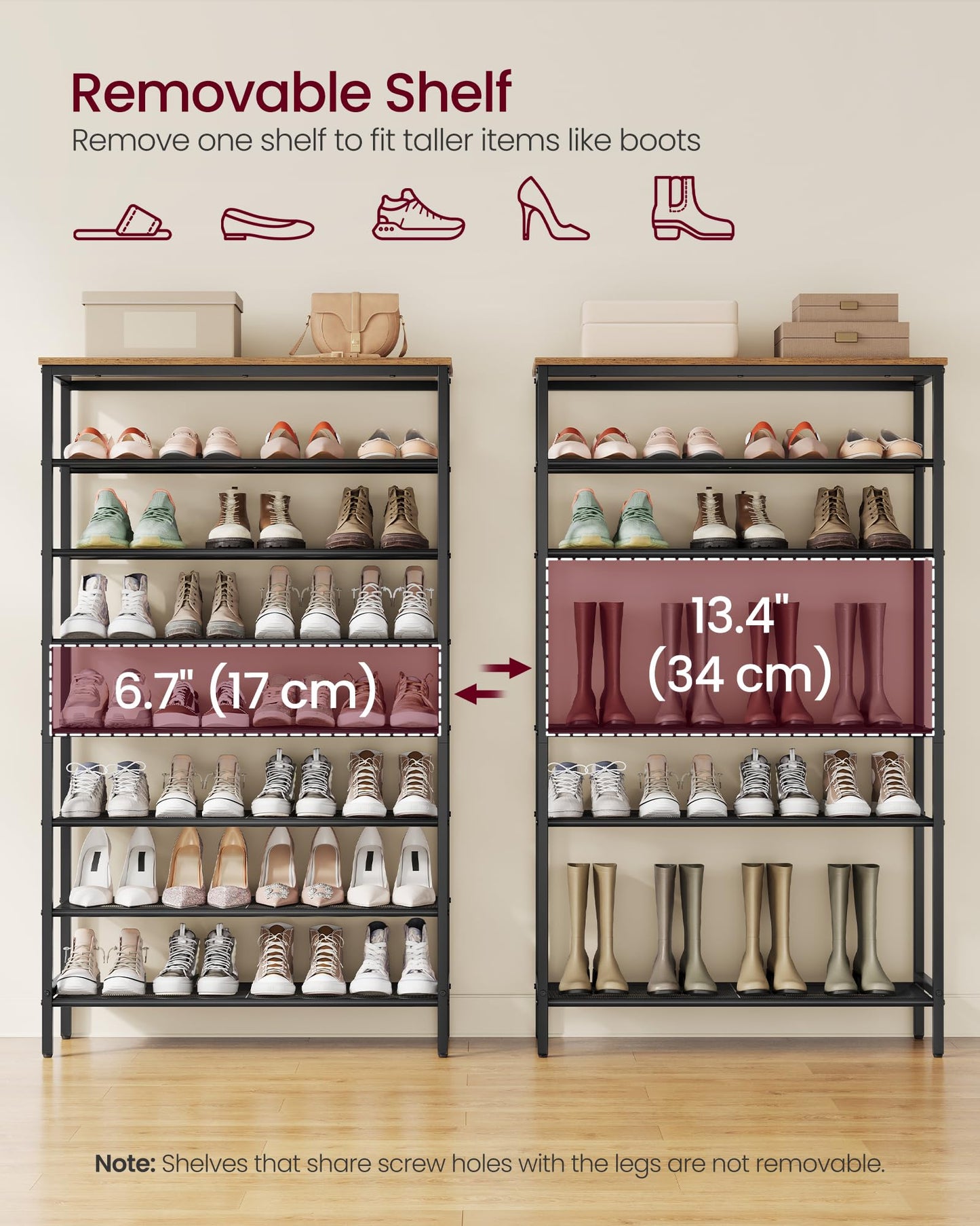 VASAGLE Shoe Rack with 7 Mesh Shelves and 1 Large Top for Bags, Steel Frame