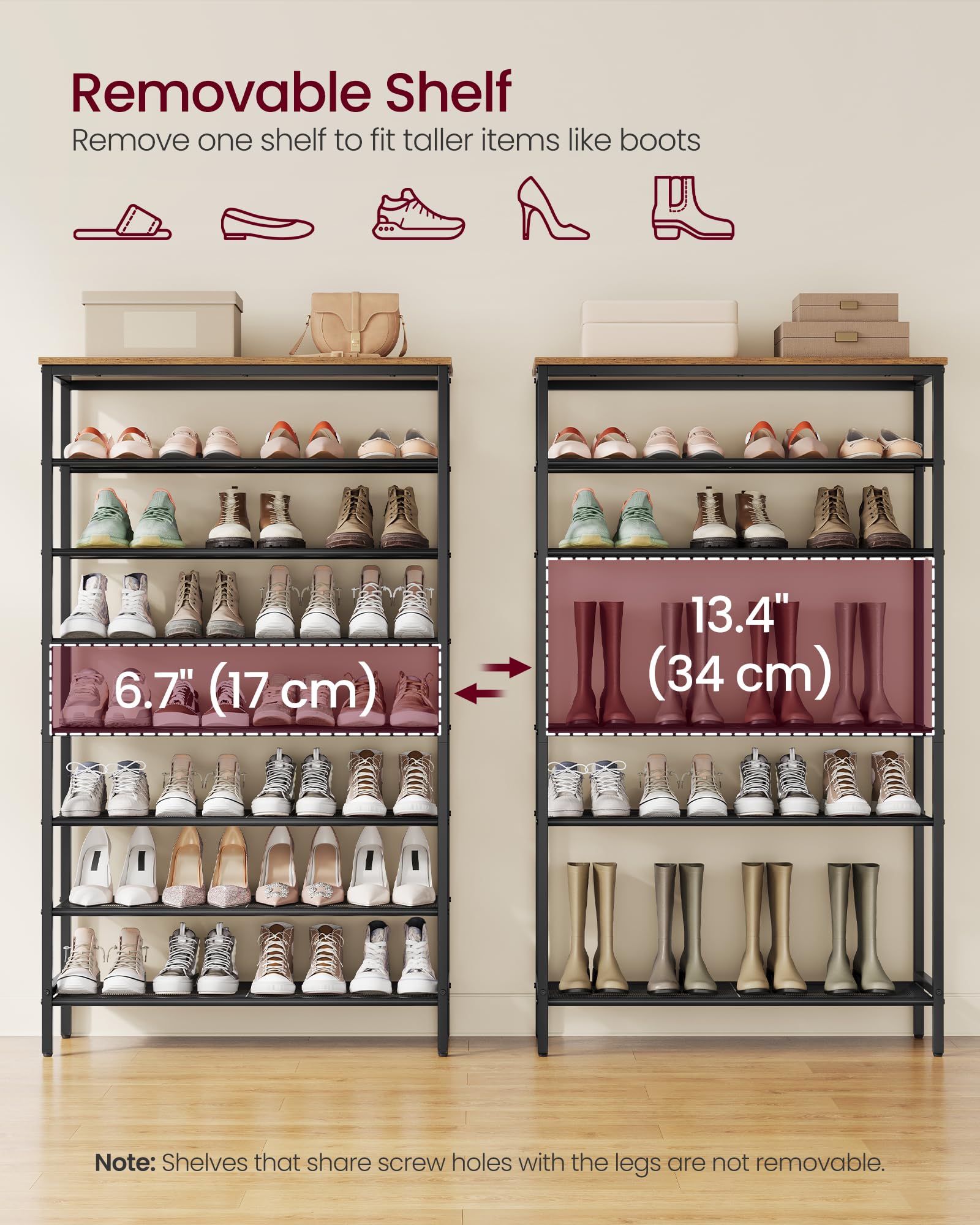 VASAGLE Shoe Rack with 7 Mesh Shelves and 1 Large Top for Bags, Steel Frame