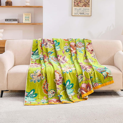 Fall Throw Blanket, 100% Cotton Soft Rustic Boho Throw Blanket for Bed, 80"x90" Farmhouse Decor Bed Flower Blankets, Light Weight Reversible Bohemian Throw Quilt