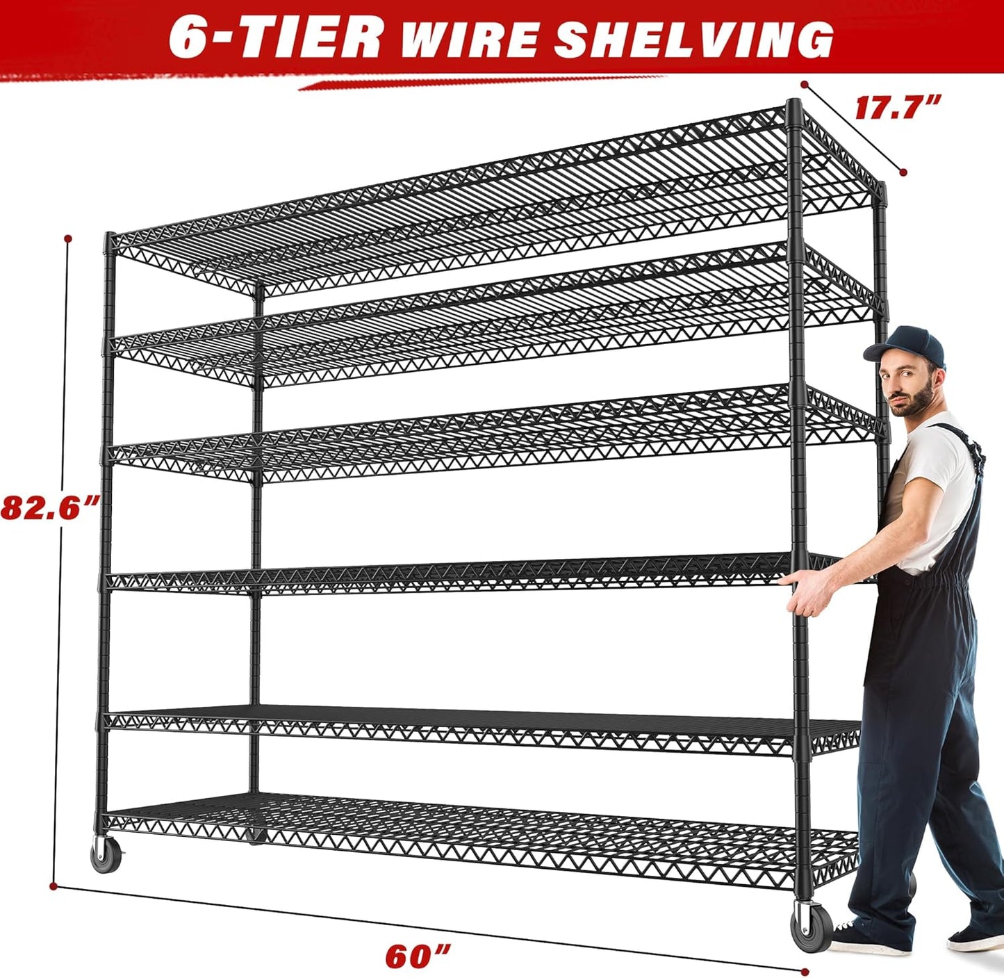 REIBII 60''W X 82.6" H Steel Heavy Duty Wire Shelving Unit with Wheels, 6-Tier Adjustable Storage Shelves 3598LBS Commercial Metal Shelves for Pantry, Garage, College Dorm Industrial Shelving, 2 Pack