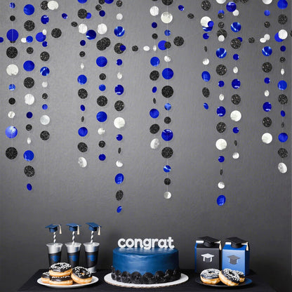 46Ft Navy Blue Black Silver Circle Dots Garland Royal Blue Black Polka Dots Streamer for Birthday Graduations Wedding Bridal Baby Shower Nautical Ahoy Achor Pirate Theme Party Decorations Supplies