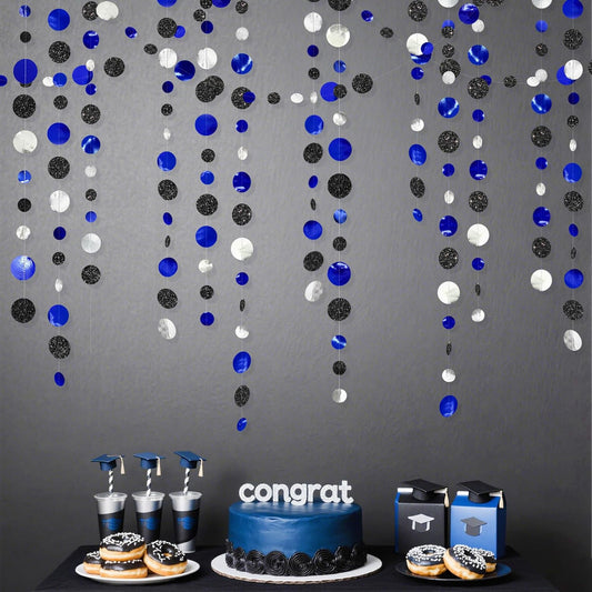 46Ft Navy Blue Black Silver Circle Dots Garland Royal Blue Black Polka Dots Streamer for Birthday Graduations Wedding Bridal Baby Shower Nautical Ahoy Achor Pirate Theme Party Decorations Supplies