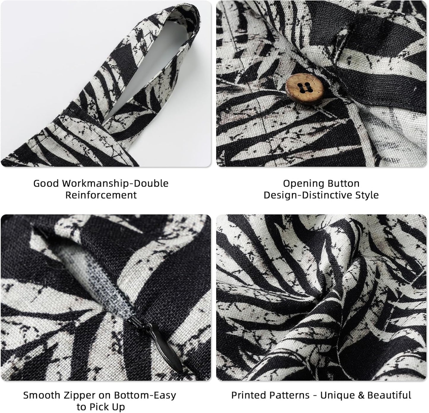 Linen Hanging Laundry Bag, 100% Linen Leaf Print Over The Door Laundry Hamper with Buttons and Zipper, Space Saving Door Hampers for Laundry Dirty Clothes Home Travel, Black, 19.7x27.5inches